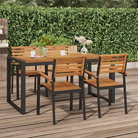 Festnight Mesa Jardín Madera Maciza, Mesa de Comedor para Jardín con Patas Metálicas, Mesa Terraza Exterior Rectangular, 160x80x75 cm Type 2