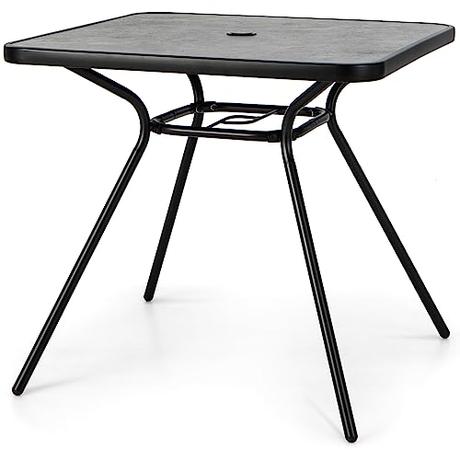 COSTWAY Mesa Jardin Exterior Cuadrada, Mesa Terraza Exterior 80 x 80 x 72,5 cm, Agujero para Sombrilla de 42 mm, Tablero de PVC Resistente a la Intemperie, Estructura de Metal