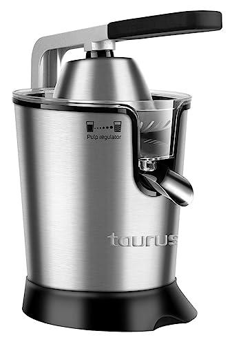 Taurus Easy Press 300 - Exprimidor eléctrico de palanca de 300 W, motor profesional, 2 conos para todos los cítricos, 650 ml, 2 filtros: de inox y plástico con regulador de pulpa, inox, Gris, Negro