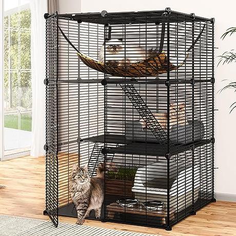 YITAHOME Jaula para Gatos para Exterior/Interior, Recinto para Gatos de 3 Niveles con Hamaca Grande, Jaula para Mascota con Alambre de Metal Denso para 1-2 Gatos, Hurón, Chinchilla, Conejo, Negro