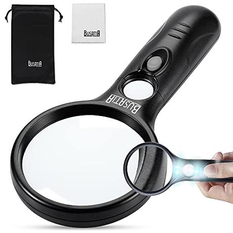 BUSATIA - Lupa con luz LED iluminada con 3 aumentos 45X, Lupa Ligera de Mano para Lectura, inspección, joyería, Pasatiempos y Manualidades