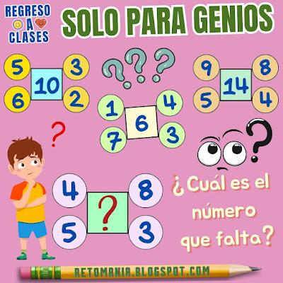 Desafíos matemáticos, Retos matemáticos, Retos virales, Retos visuales, Acertijos, Acertijos matemáticos, Acertijos visuales, Problemas matemáticos, Problemas de Ingenio, Retos de ingenio matemático, Piensa rápido, Gimnasia matemática, Gimnasia cerebral, Descubre el número, El número que falta, Busca el número, De vuelta al Cole, De regreso a clases