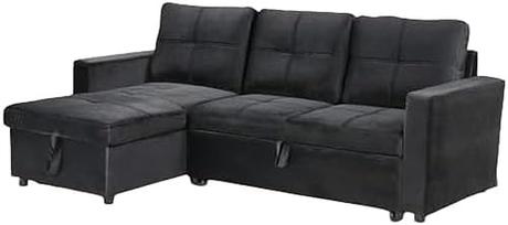 EASYMOBEL Sofá Cama Chaise Longue PAU, 215x135cm - Diseño Moderno, Almacenamiento, Negro en Terciopelo