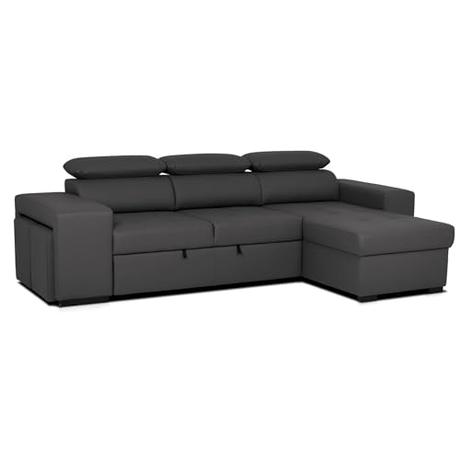 BUDWING John Hogar Sofá Cama 3 Plazas o 4 Plazas Chaise Longue Derecha o Izquierda Esquinero Reposacabezas Ajustable 2 Puffs Negro Salon Decoración de Hogar Polipiel Piel Sintética Negro