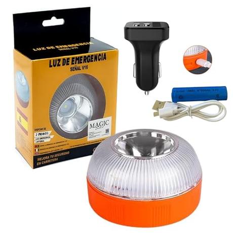 Luz de Emergencia Homologada V16, Autorizada por la DGT para Señalización en Emergencias de Carretera para Coche y Moto. Linterna Imantada para Vehículo. Batería Recargable. Cargador Coche USB Doble.