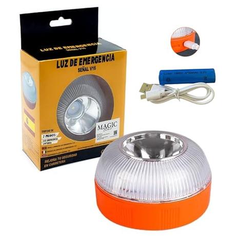 Luz de Emergencia V16 autorizada por DGT para Señalización en Carretera de Coche y Moto. Luz Amarilla Intermitente y Blanca Fija. Encendido Automático por Inducción Magnética. Batería Recargable.