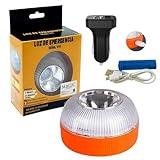 Luz de Emergencia Homologada V16, Autorizada por la DGT para Señalización en Emergencias de Carretera para Coche y Moto. Linterna Imantada para Vehículo. Batería Recargable. Cargador Coche USB Doble.