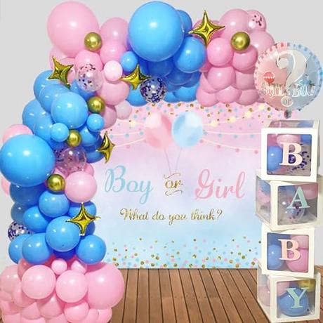 WEILINZHOU - Paquete de 146 decoraciones de revelación de género, 134 globos rosas y azules, kit de arco de guirnalda, 2 globos de papel de aluminio para niño o niña, caja de bebé con letras azules y blancas para bebé y telón de fondo de revelación de género