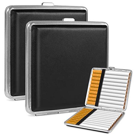 Foonii 2 unidades de pitillera de piel de metal,caja de cigarrillos de acero inoxidable,10x9.5x1.9 cm para pantalones y bolsas de camisa (negro)