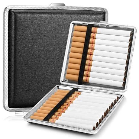 Royouzi Pitillera, juego de 2 pitilleras de cuero metálico, pitillera de acero inoxidable, capacidad para 20 cigarrillos, 10x10x2 cm, adecuada para pantalones, camisa, bolso (negro)