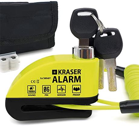 KRASER WA6Y Candado Moto Disco Alarma 110dB, Reforzado Impermeable, Cerradura Seguridad, Accesorio Cable Bolsa, Bloqueo 6mm Universal Motocicleta Scooter Bicicleta Eléctrica, Pinza Antirrobo