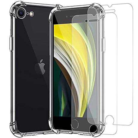 Funda para iPhone SE 2 3(2022 2020)/iPhone 8 7, con 2 Piezas Cristal Vidrio Templado/Protector de Pantalla, Carcasa Transparente Suave TPU Silicona Anti-Choque, Delgada Anti-arañazos