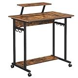 VASAGLE Escritorio, Mesa de Ordenador, Mesa de Estudio con Ruedas, con Soporte de Pantalla, 6 Ganchos, 80 x 50 x 90 cm, Estilo Industrial, Marrón Rústico y Negro LWD085B01