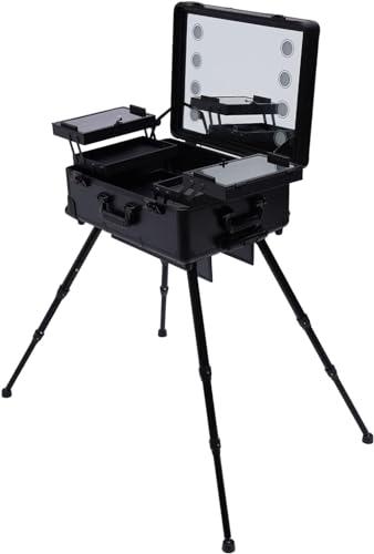 Maletín de maquillaje con ruedas, maletín de maquillaje, con espejo, mesa de tocador, estantería profesional, Negro , Maletín de cosméticos