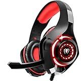 Tatybo Cascos Gaming, Auriculares Gaming con Graves Envolventes 3D, Micrófono Reducción De Ruido Y Almohadillas De Proteína, para PS4 PS5 Xbox PC Laptop (Rojo)