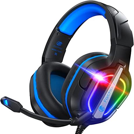 Fachixy 「2024 New」 FC200 Cascos Gaming para PS4/PS5/PC/Xbox One/Switch, Auriculares Gaming Cancelación de Ruido, Cascos con Microfono Estéreo Sonido, Cascos PS4 con 3.5mm Jack con Luz RGB (Azul)