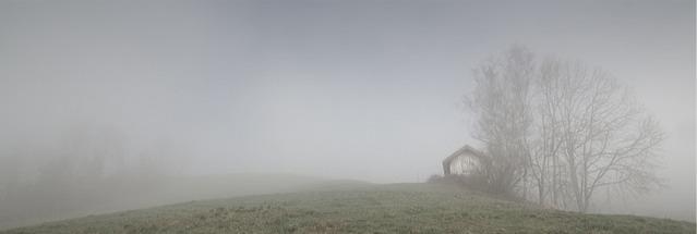 Una casa solitaria bajo la niebla en medio de un prado