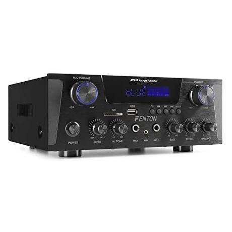 Fenton AV340B Amplificador de Audio HiFi de 600 vatios, transmisión Bluetooth, Radio FM, función MP3, Reproductor SD/USB, Karaoke, 2 entradas de micrófono, Ideal para Karaoke, Color Negro
