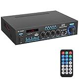 Amplificador Audio Estéreo de Potencia Bluetooth Amplificador de Audio HiFi Permite 2 Canales Entrada RCA / MP3 / USB/SD/Pantalla LED, 2 Micrófonos Radio FM Amplificador para Hogar Karaoke Bar