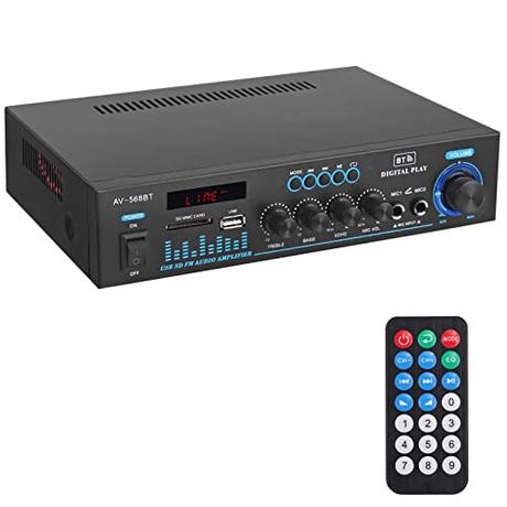 Amplificador Audio Estéreo de Potencia Bluetooth Amplificador de Audio HiFi Permite 2 Canales Entrada RCA / MP3 / USB/SD/Pantalla LED, 2 Micrófonos Radio FM Amplificador para Hogar Karaoke Bar