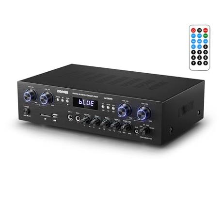 Amplificador Audio Bluetooth 5.0, Donner Amplificador Audio Estéreo 4 Canales, Amplificador HiFi 440W con USB, SD, FM, 2 Mic IN Echo, RCA, LED para Estudio, Hogar, MAMP5