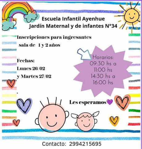 Inscripciones Escuela Infantil Ayenhué Sala de 1 y 2 años.-