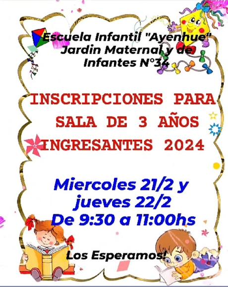 Inscripciones Escuela Infantil Ayenhué Sala de 1 y 2 años.-