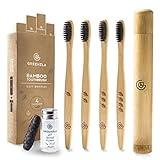 Greenzla Cepillos de Dientes de Bambú (Kit de 4) con estuche de viaje e hilo dental de carbón | Cerdas suaves sin BPA | Juego de cepillos de dientes de bambú natural y ecológico | Biodegradables