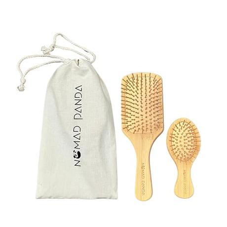 NomadPanda Set cepillo pelo de bambú natural, cepillo de pelo de bambú estándar y cepillo de viaje. Kit de cepillo cerdas naturales sostenible, biodegradable. Escova cabelo. Hair brush.
