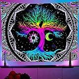 Hyakoz Luna y Sol Tapiz Arbol de la Vida Psicodélica Tapiz Pared de Mandala Fluorescencia UV Wall Tapestry, para Decoración del Hogar Tapiz de Tela de Arte de Pared para Dormitorio Estético