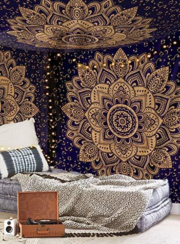 Aakriti Gallery, tapiz de mandala de algodón para colgar en la pared, colcha bohemia, manta boho/tapices para sala de estar, decoración del hogar (azul dorado, 235 x 210 cm)