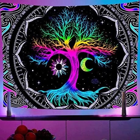 Hyakoz Luna y Sol Tapiz Arbol de la Vida Psicodélica Tapiz Pared de Mandala Fluorescencia UV Wall Tapestry, para Decoración del Hogar Tapiz de Tela de Arte de Pared para Dormitorio Estético