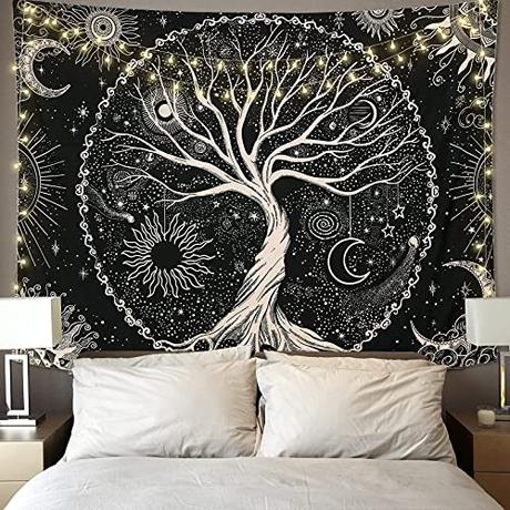 Betylifoy Tapiz de Árbol de la Vida Luna y Sol Tapiz Colgante de Pared Negro Mandala Psicodélico Tapiz de Pared Estrellado Hippie Arte de Pared Decoración para Fiesta de Dormitorio (148x200cm)