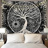 Betylifoy Tapiz de Árbol de la Vida Luna y Sol Tapiz Colgante de Pared Negro Mandala Psicodélico Tapiz de Pared Estrellado Hippie Arte de Pared Decoración para Fiesta de Dormitorio (148x200cm)