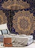 Aakriti Gallery, tapiz de mandala de algodón para colgar en la pared, colcha bohemia, manta boho/tapices para sala de estar, decoración del hogar (azul dorado, 235 x 210 cm)
