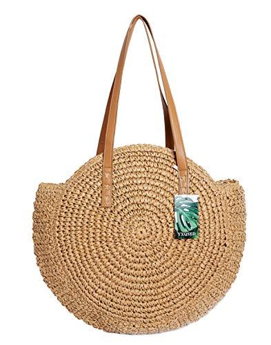 YXQSED Bolsa de Playa de Verano, Bohemio Bolso de Paja Para Mujer Bolsa de Hombro de Verano Para Viajes en la Playa y Uso Diario(Khaki,L)