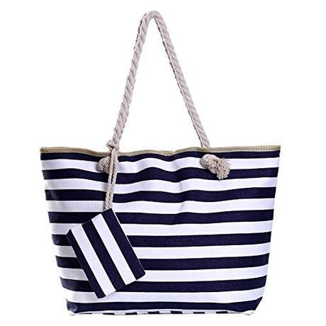 Bolso de Playa Grande con Cremallera Bolso de Hombro a Rayas Azul Marino y Blanco