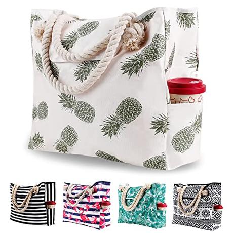 Bolsa de Playa Lona Grande XXL Mujer, Totalizador con Asas de Verano, Bolso Tela de Mano Familiar con Bolsillos, Bolsa de Hombro con Cuerda de Algodón para Viaje Compras, Piña Tropical
