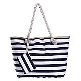 Bolso de Playa Grande con Cremallera Bolso de Hombro a Rayas Azul Marino y Blanco