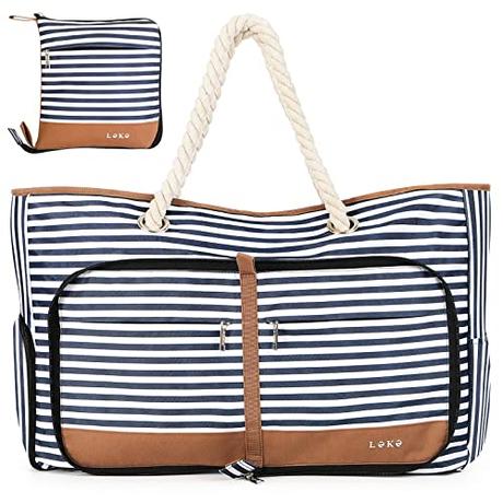 Lekespring Bolsa Playa Grande XXL Familiar con Cremallera Bolsa de Viaje,Impermeable Shopper Bolso de Hombro para Mujer,Bolsa de Mano Plegable para Playa/Viajes/Uso Diario,Azul Rayas