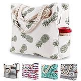 Bolsa de Playa Lona Grande XXL Mujer, Totalizador con Asas de Verano, Bolso Tela de Mano Familiar con Bolsillos, Bolsa de Hombro con Cuerda de Algodón para Viaje Compras, Piña Tropical