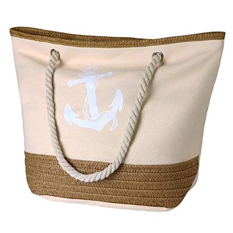 flintronic® Bolsa de Playa para Mujer, Totalizador de Lona de Verano, Bolso Grande con Asa de Cuerda para Playa, día de Fiesta, Compras, Viajes Diseño del Patrón de Anclaje - Beige