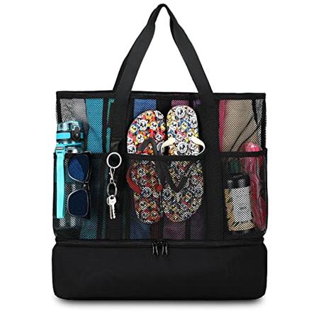 UYLIA Tote Bolsa Playa de Malla Grande Familiar Mujer Hermosa y Duradera Bolsa Termica Playa con Cremallera Bolso para Playa Viaje Compras Camping Vacaciones Juguetes (Negro)