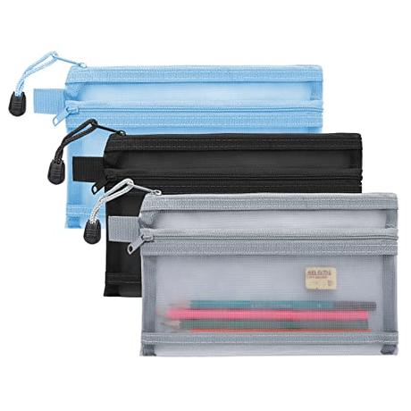 TIESOME Estuche de 3 piezas, estuche de malla con cremallera de doble capa, estuche multifuncional transparente para niñas y niños, estuche portátil para suministros escolares y de oficina