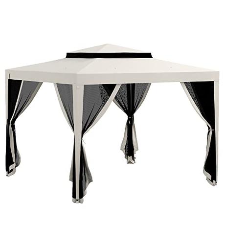 Outsunny Carpa de Jardín 3x3 m Cenador Gazebo con 4 Mosquiteras Laterales Techo Doble 8 Orificios de Drenaje y Marco de Metal para Terraza Patio Exterior Crema