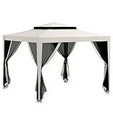 Outsunny Carpa de Jardín 3x3 m Cenador Gazebo con 4 Mosquiteras Laterales Techo Doble 8 Orificios de Drenaje y Marco de Metal para Terraza Patio Exterior Crema