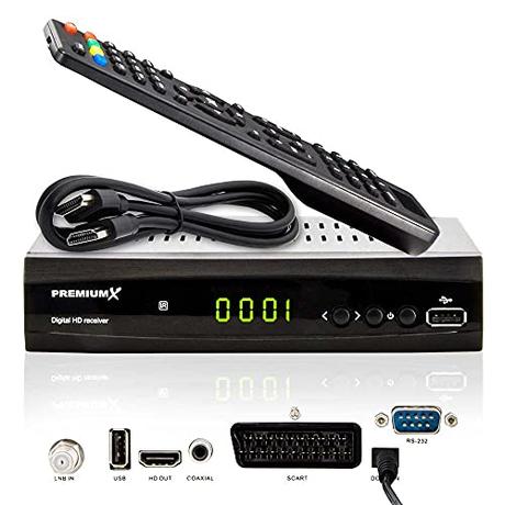 PremiumX Receptor de Satélite HD 521 FTA Receptor de TV Digital Sat DVB-S2 FullHD HDMI SCART 2X USB Reproductor Multimedia, Fuente de alimentación Externa de 12V