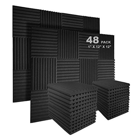 JBER Paquete de 48 paneles acústicos de color carbón, cuñas de espuma de estudio, paneles de pared acolchados insonorizados, ignífugos, 2,5 x 30 x 30 cm