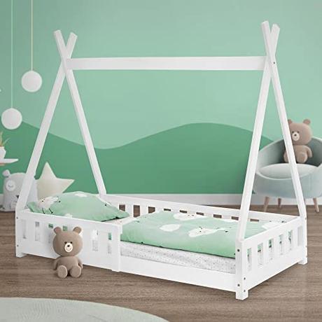 ML-Design Cama Infantil Tipi 80x160 cm con Protección Anticaída y Somier Estructura Listones de Madera de Pino Maciza Color Blanco Forma de Casa Mobiliario Juego Tienda de Campaña