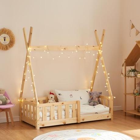 [en.casa] Cama para Niños Pequeños Estructura Tipi Indio Cama Montessori con Somier Cama Infantil con reja de Seguridad Carga máx. 80 kg Madera Pino 70 x 140 cm - Natural